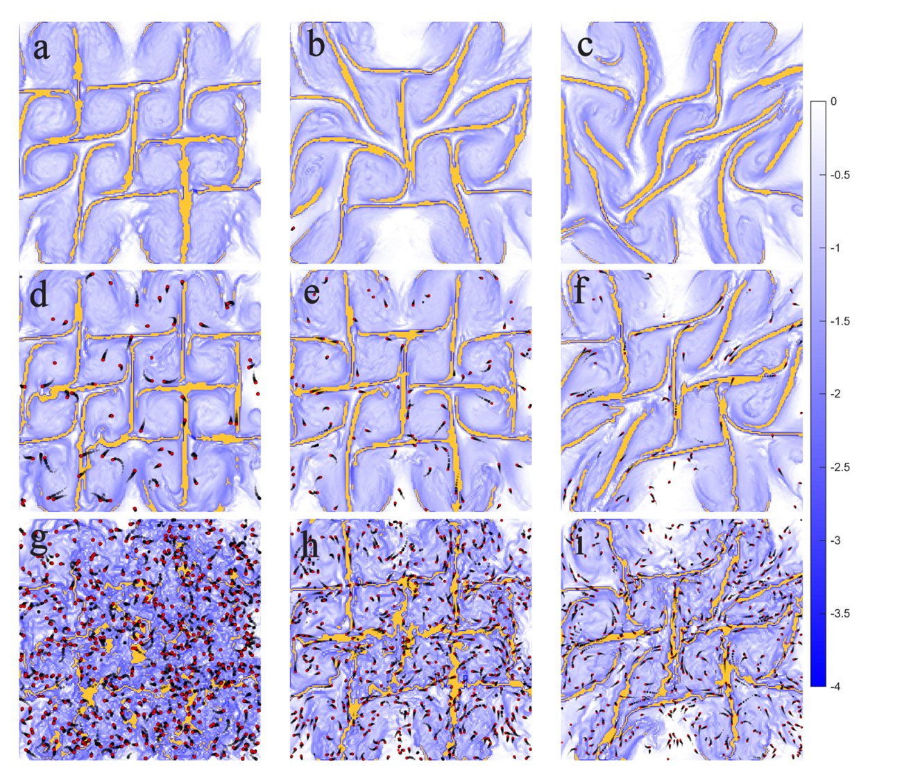 A 3x3 grid of attracting Lagrangian coherent structures (yellow ridges on a blue FTLE field) across increasing background forcing (left to right) and increasing swimmer loading (top to bottom), showing how the transport skeleton reorganizes.